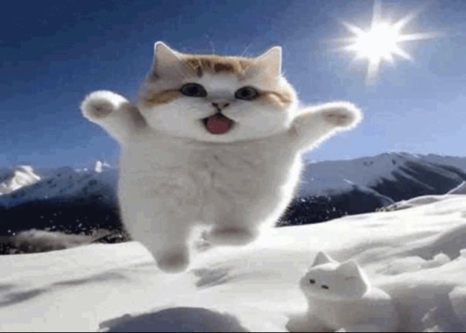 iced cat leaps from snowy mountain peak, eyes closed and tongue out, with a bright sun casting a warm glow on the scene.