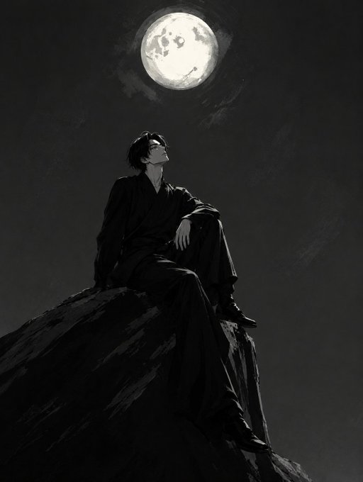 A moody, monochromatic illustration shows a dark-haired figure in black clothing sitting atop a rocky peak, gazing up at a bright full moon against a dark sky.