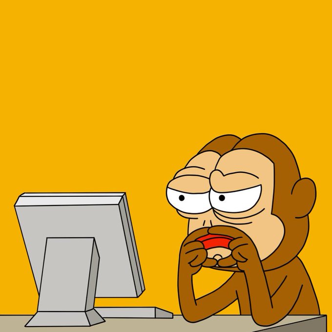A cartoon monkey with half-closed eyes holds its hands to its mouth while looking at a gray computer monitor against a solid yellow background.