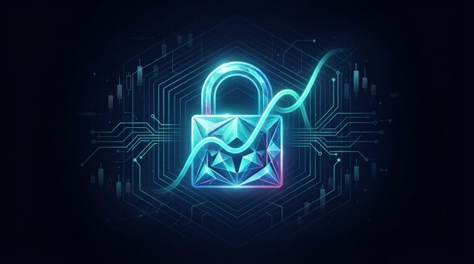 A glowing neon padlock graphic with a blue and purple gradient, overlaid with a rising green trend line on a dark circuit-patterned background, symbolizing crypto security or blockchain technology.