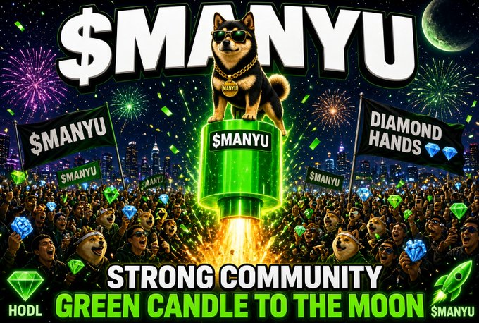 A vibrant promotional graphic for the '$MANYU' cryptocurrency features a Shiba Inu in sunglasses standing on a rocket, surrounded by a crowd, fireworks, and text reading 'STRONG COMMUNITY' and 'GREEN CANDLE TO THE MOON'.