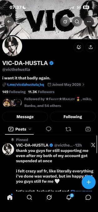 Twitter/X profile page for verified user 'VIC-DA-HUSTLA' (@victhehustla) with 149 Following and 10.3K Followers, displaying a pinned post about account suspension.