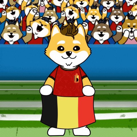 ikura, a cartoon character with brown and white fur, holds a flag of red, black, and yellow colors while standing on a green field.