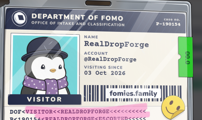 A digital ID badge from the 'Department of Fomo' for a visitor named RealDropForge (@RealDropForge), visiting since 03 Oct 2026, with case number P-190154.