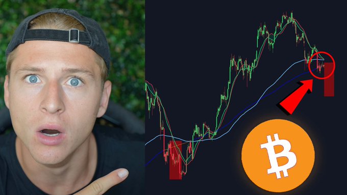 A young man in a black cap points urgently at a Bitcoin candlestick chart showing a recent price drop, with the Bitcoin logo and a red arrow highlighting a downward trend near moving averages. The image serves as a YouTube thumbnail for the video "THIS BITCOIN SETUP LOOKS FAMILIAR..." (youtu.be/-jUSJDkt2iA), suggesting the creator is warning viewers about a recognizable bearish pattern in BTC's price action.