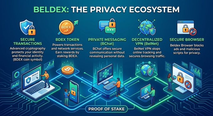 An infographic titled 'BELDEX: THE PRIVACY ECOSYSTEM' illustrates five privacy-focused services: Secure Transactions (BDEX coin symbol), BDEX Token, Private Messaging (BChat), Decentralized VPN (BelNet), and Secure Browser, with 'PROOF OF STAKE' displayed at the bottom.