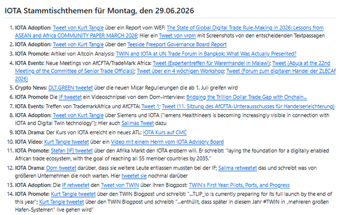A German-language list titled 'IOTA Stammtischthemen für Montag, den 29.06.2026' containing 14 numbered discussion topics related to IOTA Adoption, Promotion, Drama, and Crypto News including references to Kurt Tangle, TWIN, and AfCFTA.