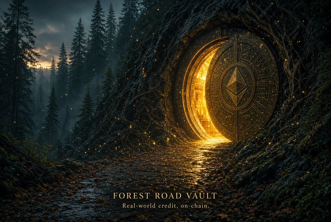 A fantasy-themed promotional image for 'Forest Road Vault' showing a large circular vault door embedded in a rocky hillside in a dark forest, with the Ethereum logo visible on the door and glowing gold light emanating from within, alongside the tagline 'Real-world credit, on-chain.'