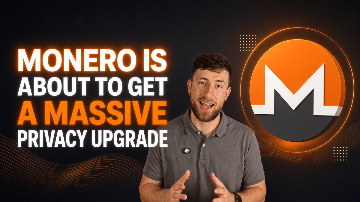 A bearded man in a gray polo shirt gestures while speaking in front of a dark background featuring the orange Monero (XMR) logo and bold text reading "MONERO IS ABOUT TO GET A MASSIVE PRIVACY UPGRADE." The thumbnail visually supports the post's announcement about Monero's upcoming FCMP++ privacy upgrade, which will dramatically increase decoy ring members from 16 to up to 100 million for enhanced transaction anonymity.