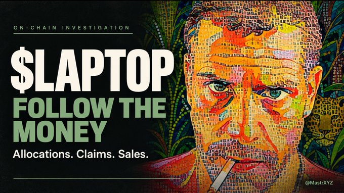 A graphic titled "ON-CHAIN INVESTIGATION: $LAPTOP — FOLLOW THE MONEY: Allocations. Claims. Sales." features a colorful mosaic-style portrait of a man smoking a cigarette, credited to @MastrXYZ, visually framing the on-chain analysis that traced pre-launch $LAPTOP allocations and post-claim token sales totaling over 2.98 million USDC.