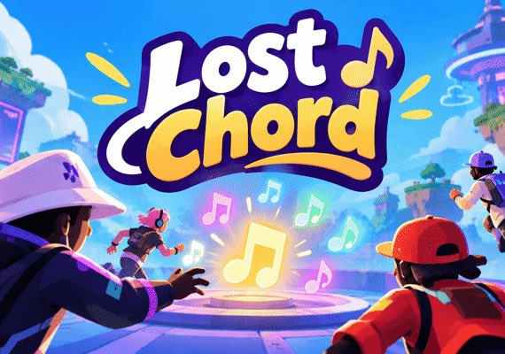 A vibrant promotional graphic for a game called 'Lost Chord' showing cartoon-style characters interacting with floating colorful musical notes around a glowing circular platform.