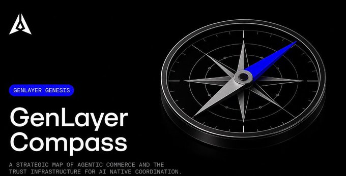 A sleek promotional graphic for "GenLayer Compass – Genesis," featuring a metallic compass with a blue-tipped needle on a dark background, alongside the tagline describing it as "A Strategic Map of Agentic Commerce and the Trust Infrastructure for AI Native Coordination." The image visually echoes the post's message by embodying the idea of directional guidance and foundational "infrastructure," reinforcing that the Compass serves as the orienting framework for understanding trust in AI agent systems before diving into the whitepaper's technical details.