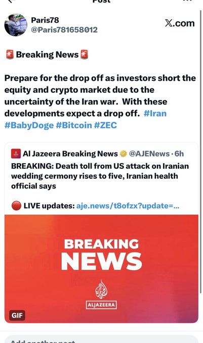 A screenshot of an X.com post by user 'Paris78' (@Paris781658012) with 'Breaking News' about investors shorting the market due to the Iran war, quoting an Al Jazeera report about a US attack on an Iranian wedding ceremony.