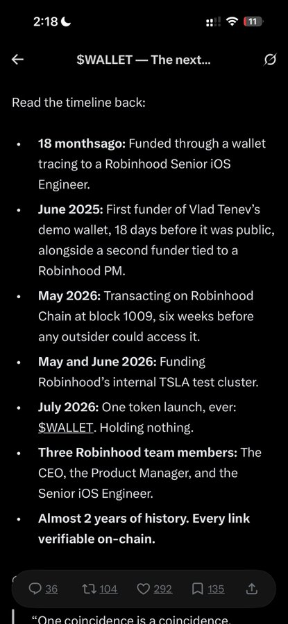 A mobile screenshot of a timeline post detailing the history of a $WALLET token, mentioning connections to a Robinhood Senior iOS Engineer and Vlad Tenev's demo wallet, with 36 replies, 104 reposts, 292 likes, and 135 bookmarks.