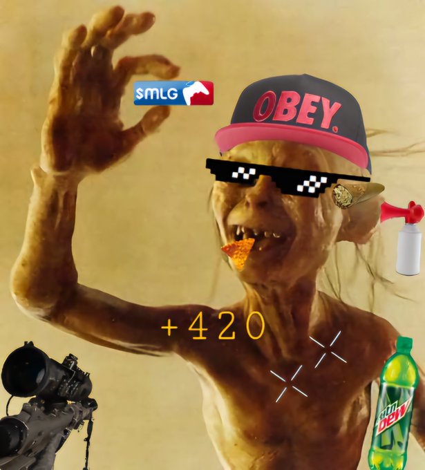 A surreal edited image of Gollum wearing pixelated 'thug life' sunglasses and an 'OBEY' baseball cap, with a Mountain Dew bottle, Dorito, and other meme elements overlaid.