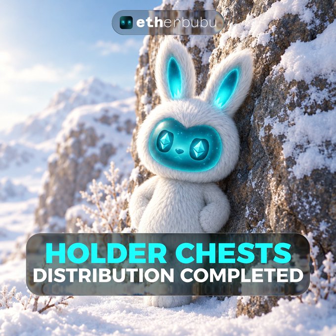 A fluffy white rabbit-like mascot with glowing blue accents stands against a snowy mountain backdrop, with the "etherbubu" logo at the top and text reading "HOLDER CHESTS DISTRIBUTION COMPLETED" overlaid at the bottom, reflecting the post's announcement about distributing reward chests to eligible holders, burners, and Premium Pass owners.