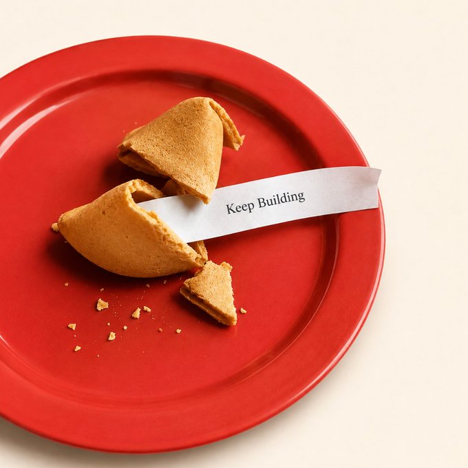 A fortune cookie broken open on a red plate with the message 'Keep Building' visible on the inserted paper slip.