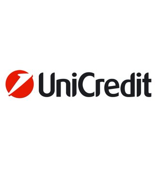 The UniCredit logo featuring a red circular emblem with a white diagonal stripe next to the company name in black text.