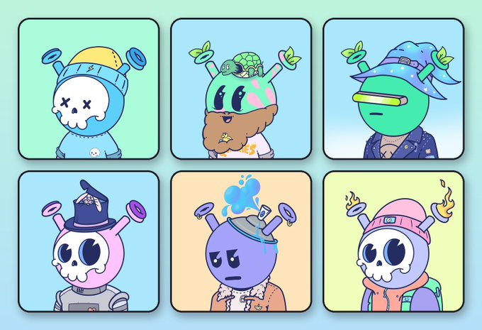 Six stylized cartoon "Quirkies" NFT characters are displayed in a grid, each wearing a distinct headwear item—including a graffiti can, wizard hat, robot skull mask, beard, finch skull, and skull mask—matching the list of grail items traded among collectors mentioned in the post.