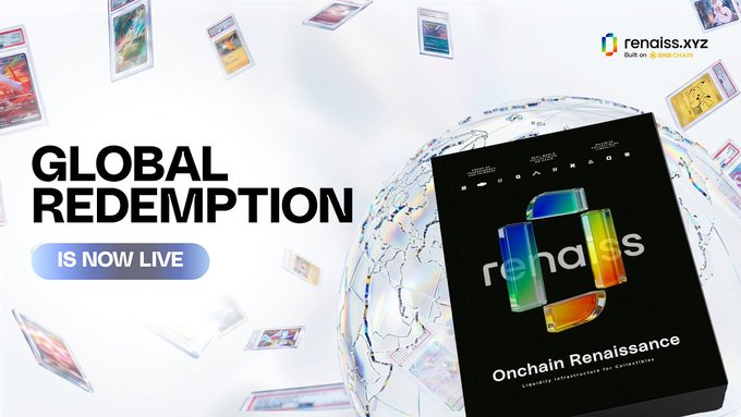 A promotional banner for 'rendiss.xyz' announces that 'GLOBAL REDEMPTION IS NOW LIVE,' featuring a holographic 'rendiss' box displayed on a glass globe surrounded by floating trading cards.