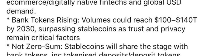 A text excerpt discussing financial predictions including 'ecommerce/digitally native fintechs and global USD demand,' 'Bank Tokens Rising: Volumes could reach $100-$140T by 2030, surpassing stablecoins as trust and privacy remain critical factors,' and 'Not Zero-Sum: Stablecoins will share the stage with bank tokens.'