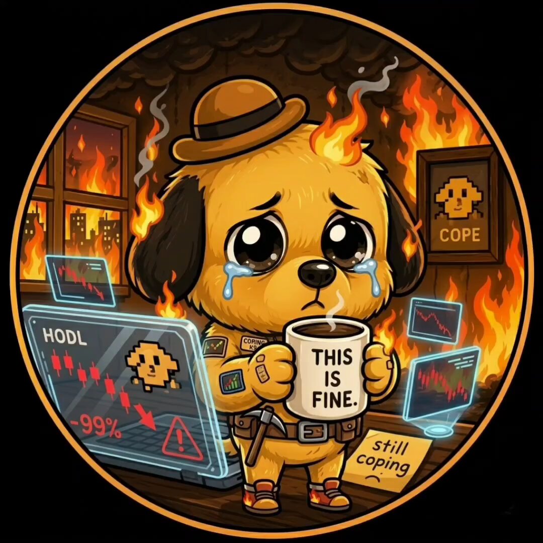 The image features a cartoon dog wearing a hat, holding a coffee cup with "This is Fine." written on it. The dog appears sad or distressed, possibly due to an economic crisis depicted by the text around it. The background of the image shows a city in flames and smoke, indicating that the market has crashed, and the city is burning. However, the Solana sun continues shining brightly above the chaos.