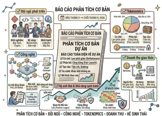 A Vietnamese infographic titled 'BÁO CÁO PHÂN TÍCH CƠ BẢN' (Basic Analysis Report) covering project fundamentals, team, technology, tokenomics, and revenue streams for a cryptocurrency project.