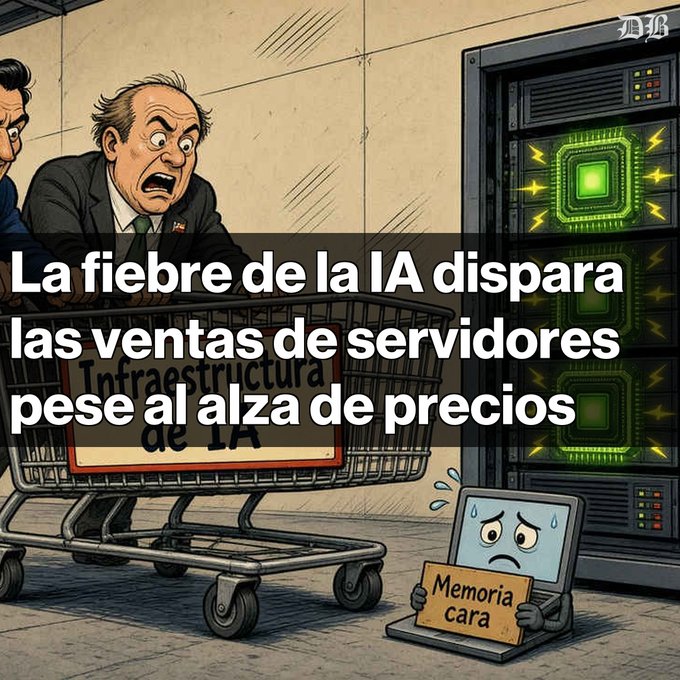 A Spanish-language cartoon image with the text 'La fiebre de la IA dispara las ventas de servidores pese al alza de precios', depicting a panicked politician pushing a shopping cart labeled 'Infraestructura de IA' while a sad computer labeled 'Memoria cara' sits nearby.