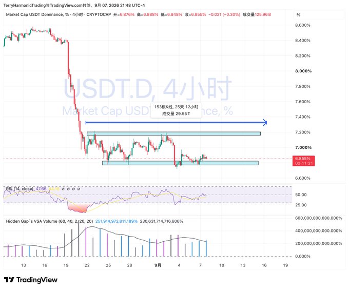 A TradingView chart titled 'USDT.D, 4小时' showing Market Cap USDT Dominance at 6.855%, with RSI and Hidden Gap Volume indicators below.