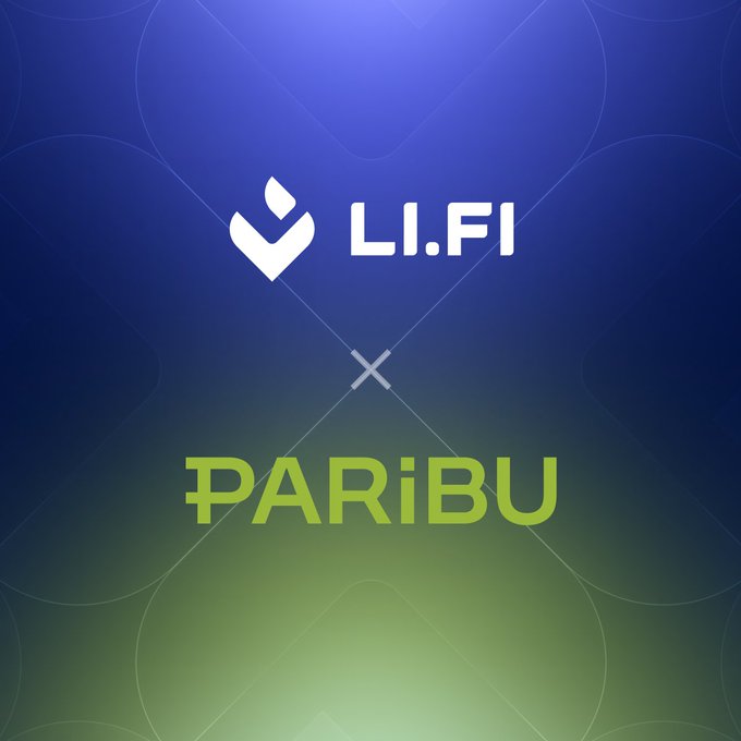 A promotional graphic featuring the LI.FI logo in white at the top and PARIBU in bright green text at the bottom, separated by an 'X' on a blue-to-green gradient background.