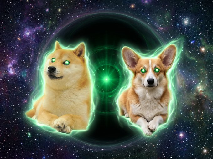 The image features two dogs, one brown and white with green eyes and the other tan and black with blue eyes, sitting next to each other against a backdrop of stars and planets. The background is filled with space elements such as stars and planets, creating an otherworldly atmosphere. In the bottom right corner of the image, there's a caption that reads "People will start to find out that the entire world would be completely different if @realjohnmonarch has not shared that first pic on Reddit that became the Doge meme". This caption is likely related to the image and serves as a humorous commentary about the post.
