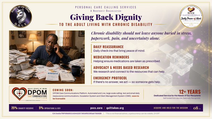 A promotional slide from Personal Care Calling Services (PCCS) titled 'Giving Back Dignity to the Adult Living with Chronic Disability,' showing a man on the phone amid stacks of papers, listing services like Daily Reassurance and Medication Reminders, with '12+ Years' and 'Daily Peace of Mind' branding.
