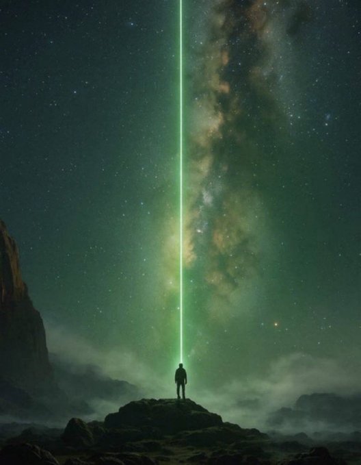 A silhouetted figure standing on a rocky outcrop, gazing up at a green laser-like beam piercing through a starry night sky and the Milky Way.