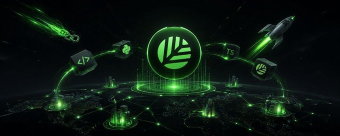 A futuristic space-themed graphic displays the green glowing CNPY Network logo alongside programming language icons (Python, Rust, etc.), TypeScript (TS), and a rocket launching into orbit above a networked cityscape—visually representing the platform's mission to let anyone launch their own sovereign Layer 1 blockchain, with code symbols highlighting its developer-friendly, app-specific chain capabilities.