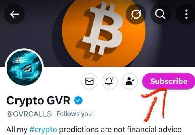 This is a screenshot of the Twitter (X) profile for "Crypto GVR" with a red arrow pointing to the "Subscribe" button, prompting users to join their subscription for trading benefits. The background features a Bitcoin logo.