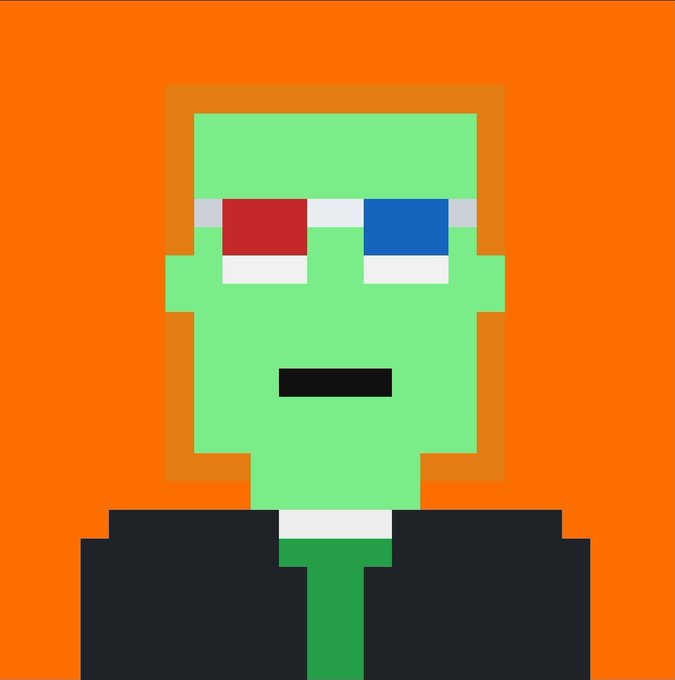 A minimalist pixel-art style portrait of a green-skinned figure with heterochromatic red and blue eyes wearing a suit against an orange background.