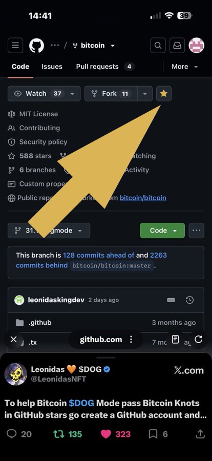 A mobile phone screenshot showing a GitHub repository page with an overlaid large yellow arrow pointing to the star button, and a tweet from Leonidas (@LeonidasNFT) below asking people to help Bitcoin $DOG Mode pass Bitcoin Knots in GitHub stars.
