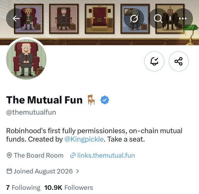 A social media profile for 'The Mutual Fun' (@themutualfun) described as 'Robinhood's first fully permissionless, on-chain mutual funds. Created by @Kingpickle.' with 10.9K followers.
