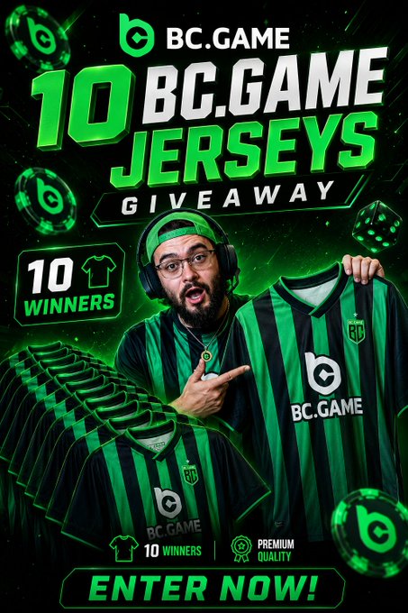 The image features a poster for a soccer game, with a man wearing a green and black striped jersey standing next to a poster of his own team's jerseys. The poster includes text that announces a 10 BC Game Jersey giveaway, suggesting that the winner will receive a high-quality jersey from their favorite team.