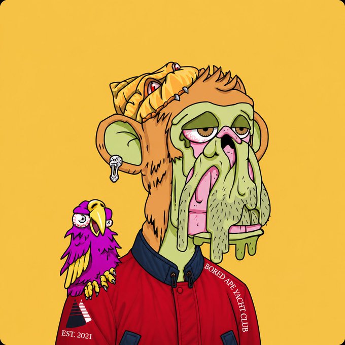 A cartoon illustration on a yellow background depicts a grotesque, melting-faced monkey character in a red jacket with 'BORED APE YACHT CLUB' and 'EST. 2021' text, with a purple bird perched on its shoulder.