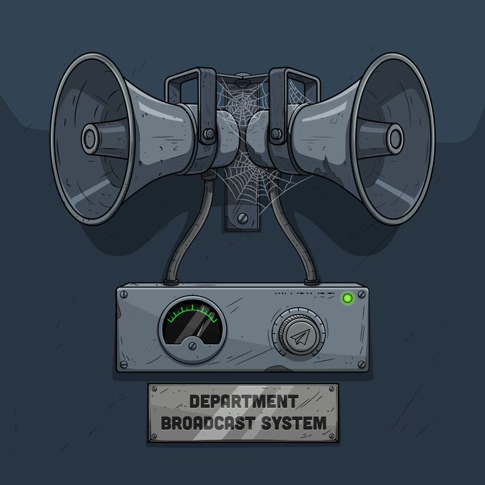The image shows a weathered, cartoon-style illustration of a vintage "DEPARTMENT BROADCAST SYSTEM" featuring two loudspeakers with cobwebs, connected to a control panel with a glowing green meter and a broadcast button. The accompanying Morse code translates to "...THIS IS ON THE DEPARTMENT HAS OPENED AN OFFICIAL BROADCAST CHANNEL. ANNOUNCEMENTS WIL[L]," directly tying to the official-looking nature of the depicted broadcast equipment.