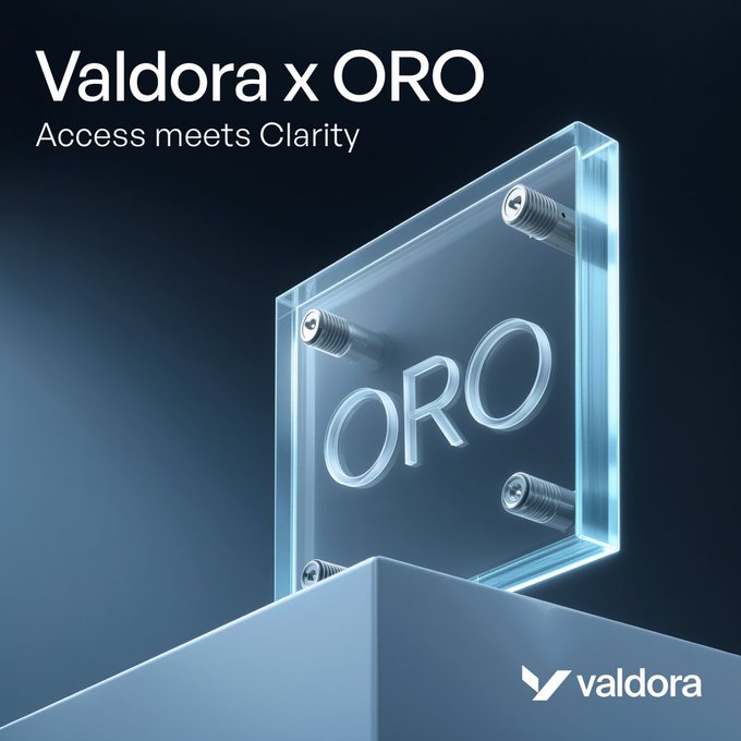 A promotional graphic for Valdora x ORO featuring a glass block with the ORO logo etched into it, with the tagline 'Access meets Clarity' and the Valdora logo in the corner.