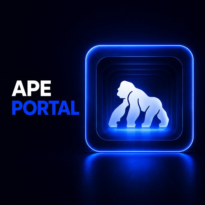The image features a square graphic with a white gorilla icon inside of a blue square, accompanied by the text "Ape Portal" above and below the gorilla. The background is black, which contrasts with the white gorilla and blue squares. Below the gorilla, there's some text that reads "We're upgrading the Ape Portal bridge to a more robust version. In the meantime, you can continue bridging through @RelayProtocol and @StargateFinance while maintenance is underway." The image seems to be promoting an upgrade or change in the Ape Portal system.
