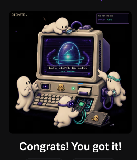 A retro-styled pixel art illustration shows ghost-like characters interacting with a vintage computer displaying 'LIFE SIGNAL DETECTED', with 'Congrats! You got it!' written at the bottom.