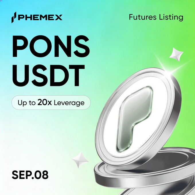 Phemex announces the futures listing of $PONSUSDT with up to 20x leverage, set to begin trading on September 8th, featuring a sleek 3D coin graphic with the Phemex logo.