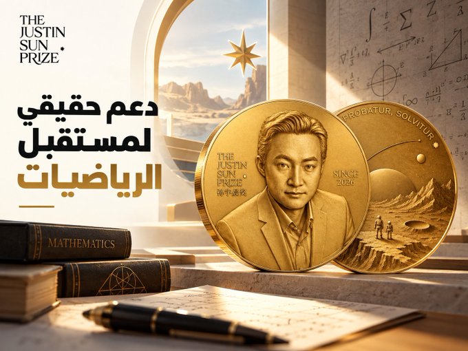 Promotional graphic for 'The Justin Sun Prize' featuring a gold commemorative coin with a portrait, Arabic text, and books labeled 'MATHEMATICS' in a scholarly setting.