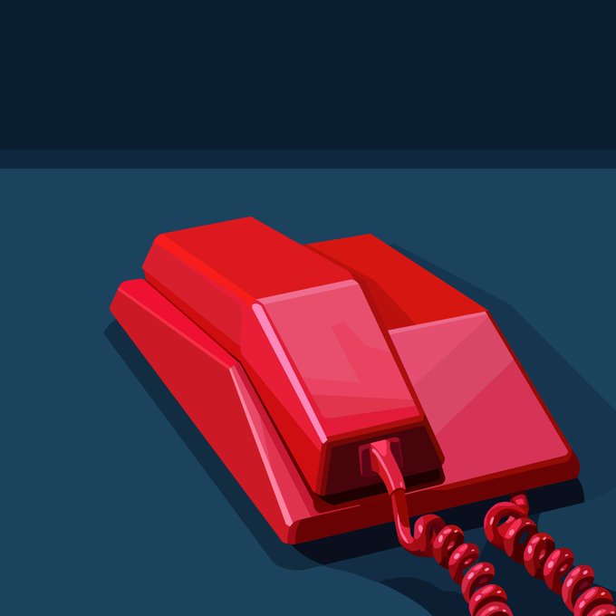 Stylized illustration of a red retro push-button telephone with a coiled handset cord against a dark blue background.