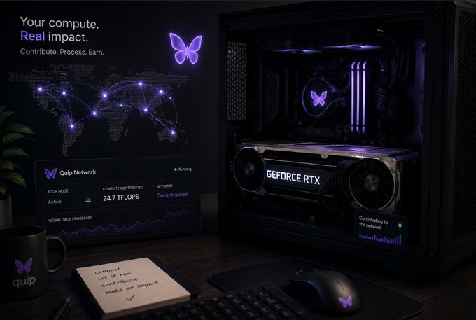 The image features a desktop setup with a computer, keyboard, mouse, and monitor. The computer has a butterfly design on its side, adding a unique touch to the scene. A note or paper is placed next to the computer, possibly containing information about Quip network or some other topic related to the computer's functionality.