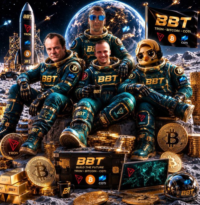 A vibrant promotional artwork for 'BBT' featuring four figures in space suits adorned with TRON, Bitcoin, and COTI logos, surrounded by gold coins, a rocket, and a flag with the text 'BBT - TRON, BITCOIN, COTI' and 'BUILD THE FUTURE - TRON, BITCOIN, COTI.'