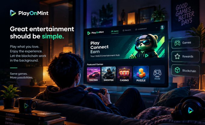A promotional banner for 'PlayOnMint' with the tagline 'Great entertainment should be simple. Play what you love. Enjoy the experience. Let the blockchain work in the background,' showing a person gaming with categories for Games, Rewards, and Blockchain, featuring a bear mascot in VR.